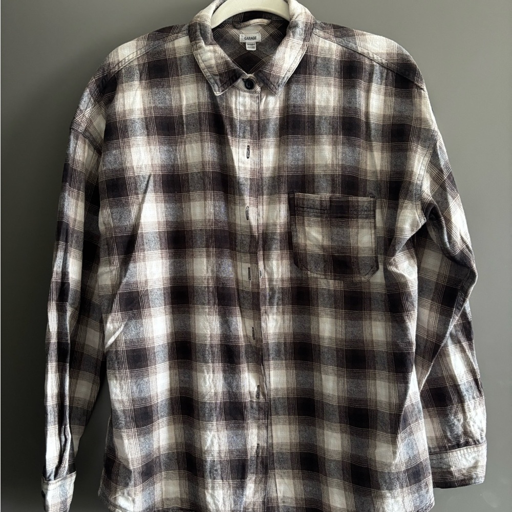 OBO! Garage Black Tan White Casual Button Down Flannel Shirt
